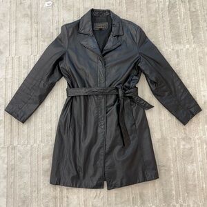 Vintage Black Leather Trench Coat Size Large